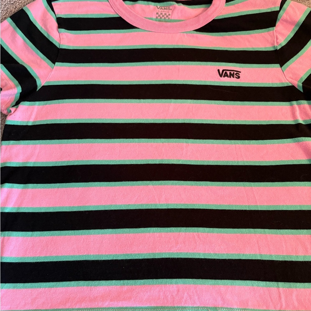 Vans Y2K Striped Pink and Black Juniors Large T-Shirt Short Sleeves Striped - Picture 2 of 8
